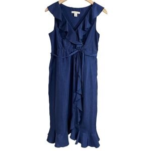 Jonathan Martin Women's Dress Blue Faux Wrap Ruffles V- Neck‎ Y2K Midi Size S